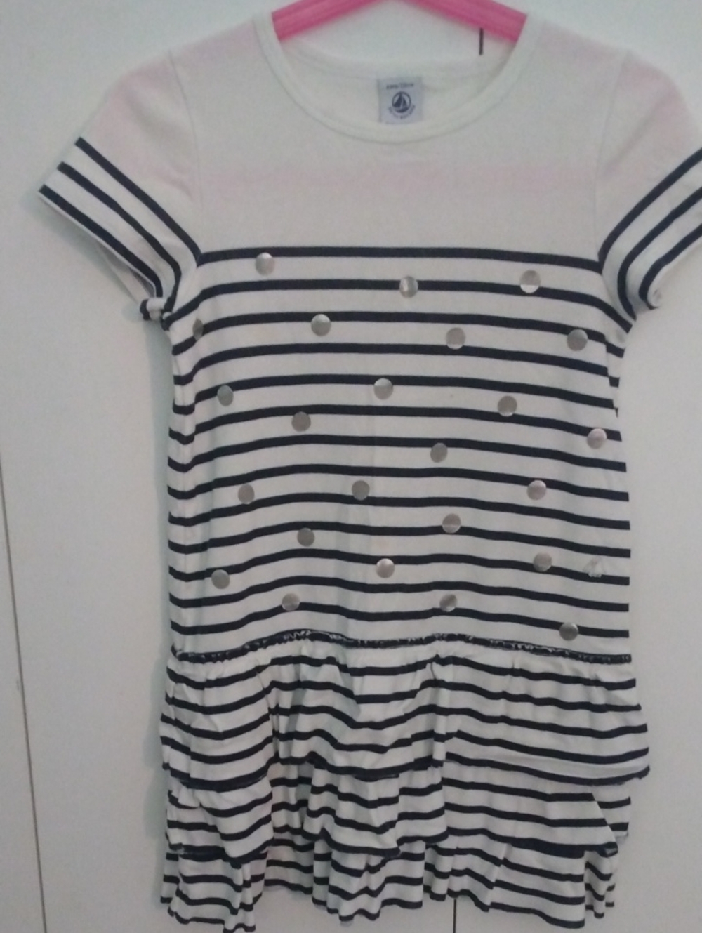 Petit Bateau White & Navy Striped Short Sleeve Tee Dress with Silver Studs